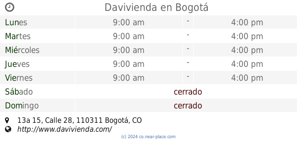 🕗 Davivienda Bogotá Horarios, 13a 15, Calle 28, Contactos